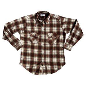 Vintage 911 Brown Plaid‎ Flannel Shirt Mens L 70s Chest Flap Pockets Soft Button